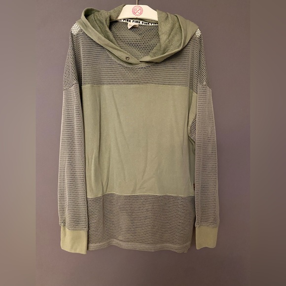 ❌SOLD❌ VS PINK FISHNET MESH HIGH LOW HOODIE SWEATSHIRT OLIVE GREEN & ROSE GOLD - Picture 3 of 8